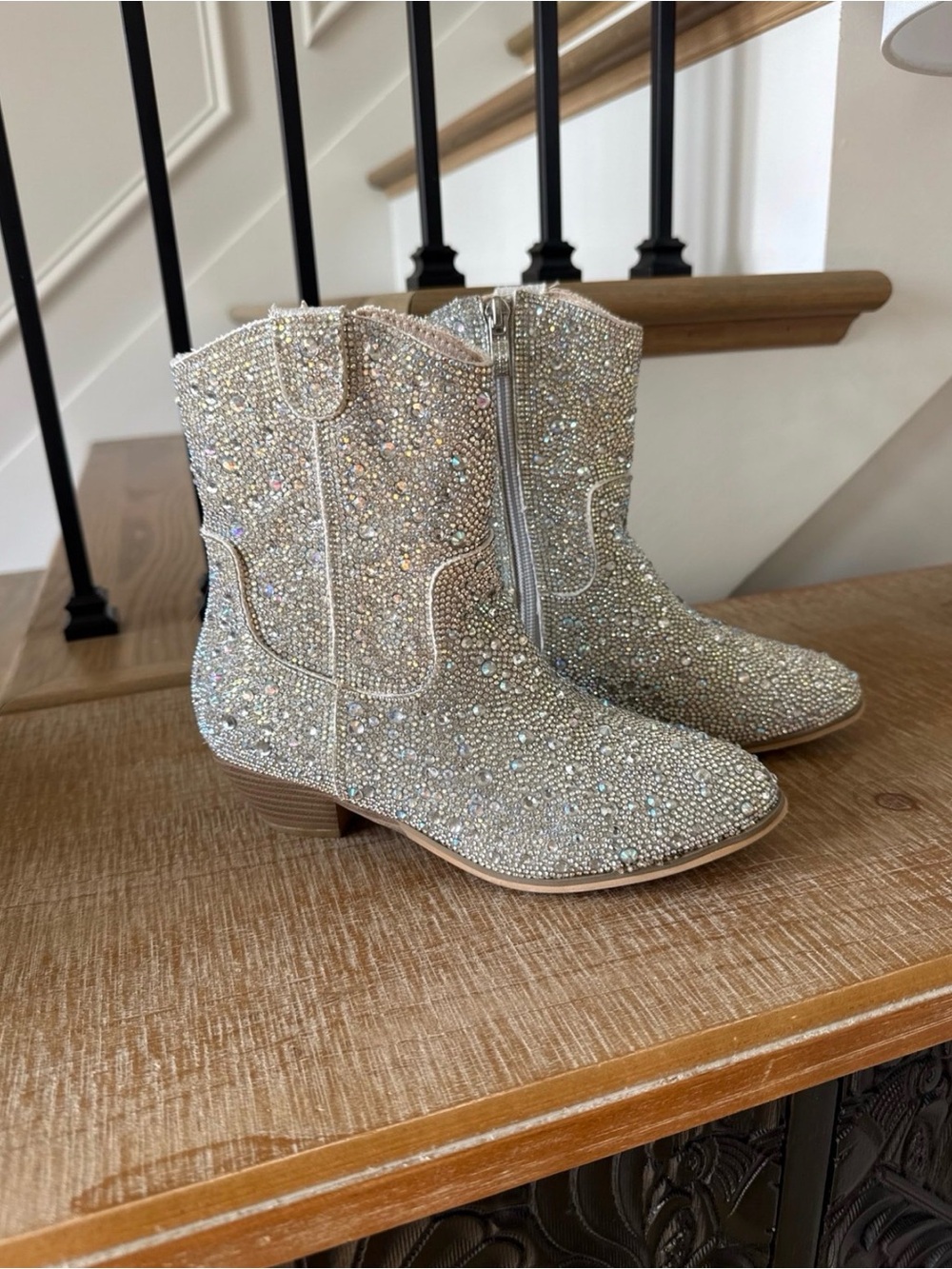 Crystal Embellished Western Ankle Boots - Silver Glitter